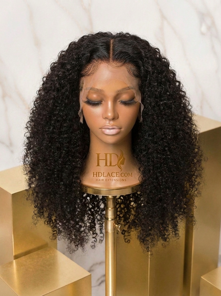 HDLace.com HD Full Lace Kinky Curly Wig — tight natural coils in 100% Brazilian human hair on HD lace