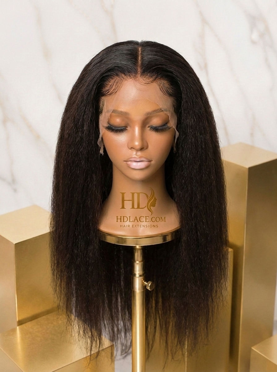 HDLace.com HD Full Lace Kinky Straight Yaki Wig — pressed natural yaki texture in Brazilian human hair on HD lace